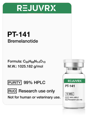 REJUVRX PT-141 Bremelamontide vial with label on a white background