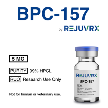 BPC-157 by REJUVRX vial with product details on a white background