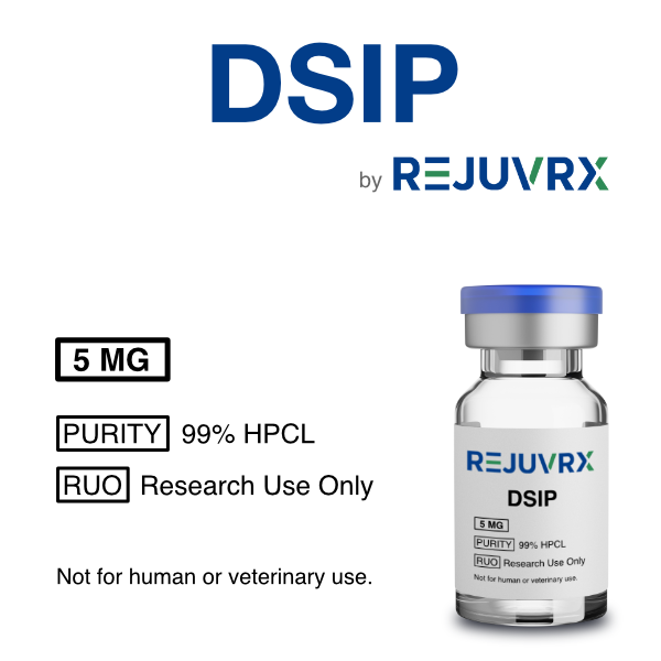 Rejuvrx DSIP bottle with product details on a white background