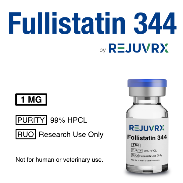 Vial labeled 'Fullistatin 344' by REJUVRX with product details on a white background.