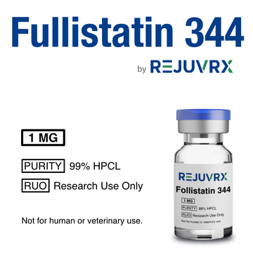Vial labeled 'Fullistatin 344' by REJUVRX with product details on a white background.