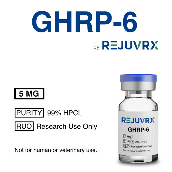 Vial labeled 'GHRP-6 by REJUVRX' with product details on a white background