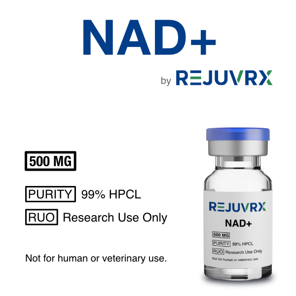 REJUVRX NAD+ supplement bottle with product details on a white background