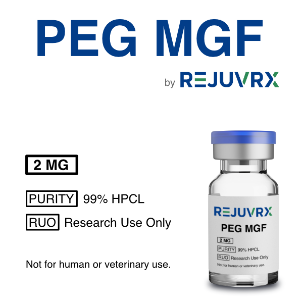 Vial labeled 'PEG MGF by REJUVRX' with product details on a white background