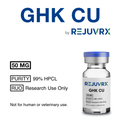 Vial labeled 'GHK CU by REJUVRX' with product details on a white background