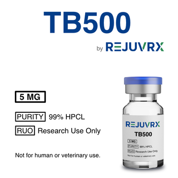 REJUVRX TB500 vial with product details on a white background