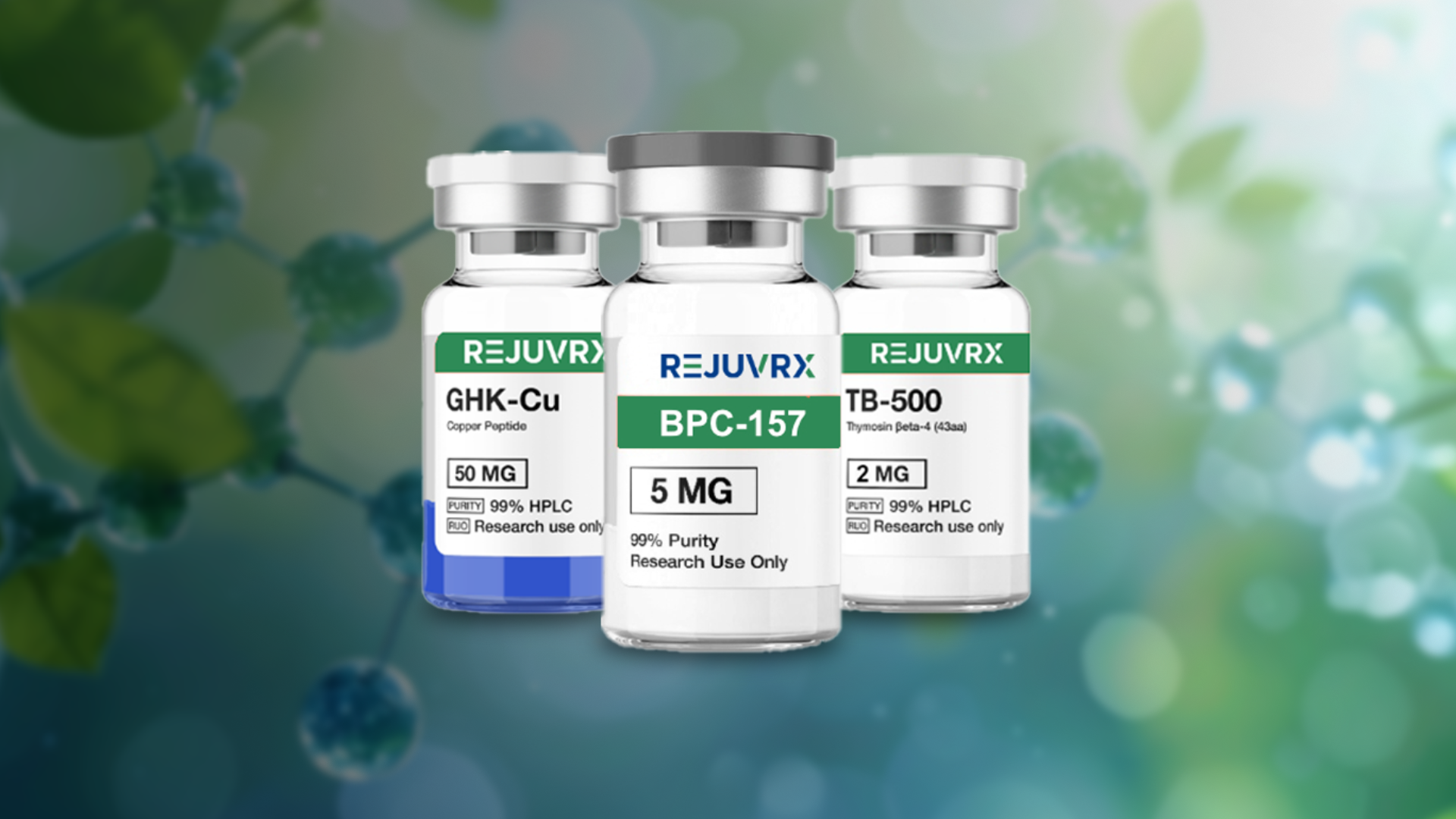 Three REJUVRX vials with labels on a blurred green background