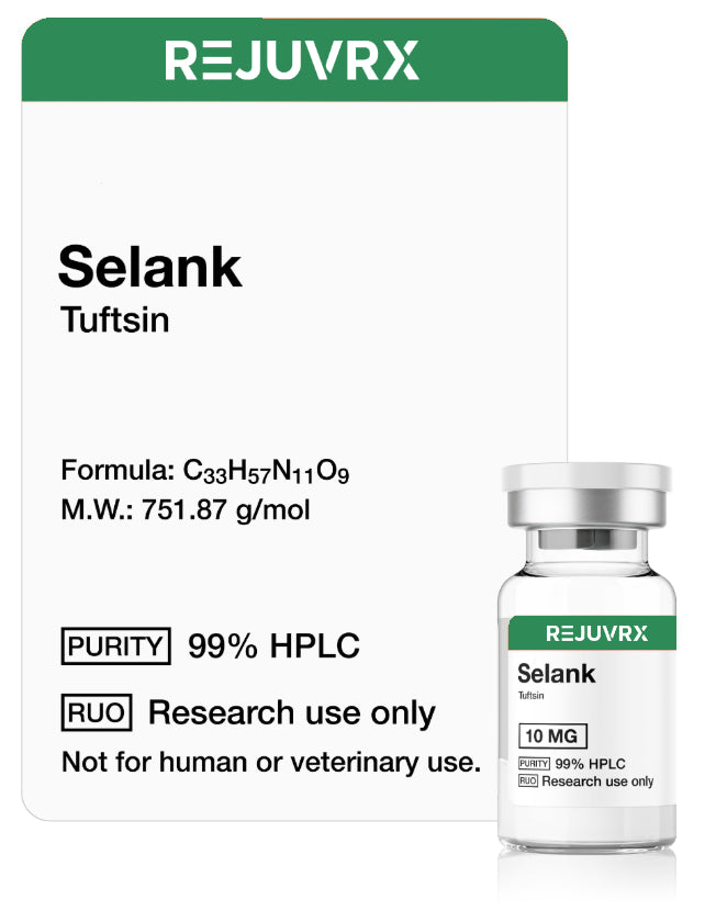 REJUVRX Selank Tuftsin packaging with a vial on a white background