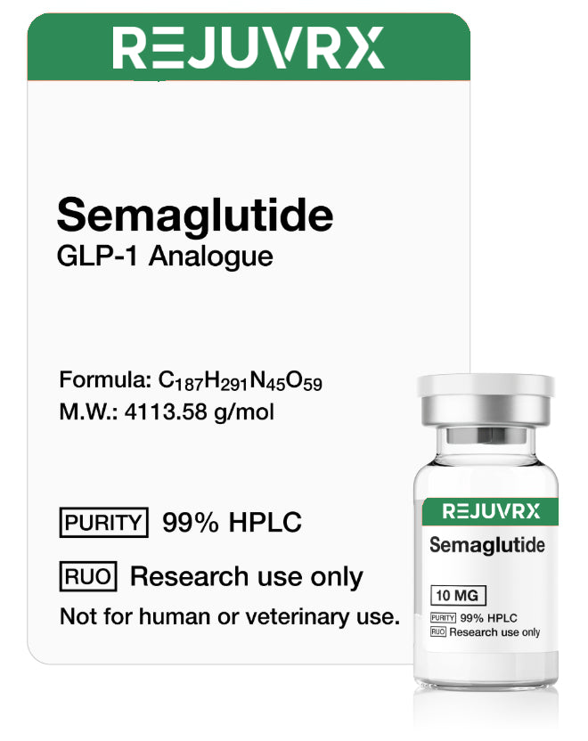REJUVRX Semaglutide GLP-1 Analogue packaging with a vial on a white background