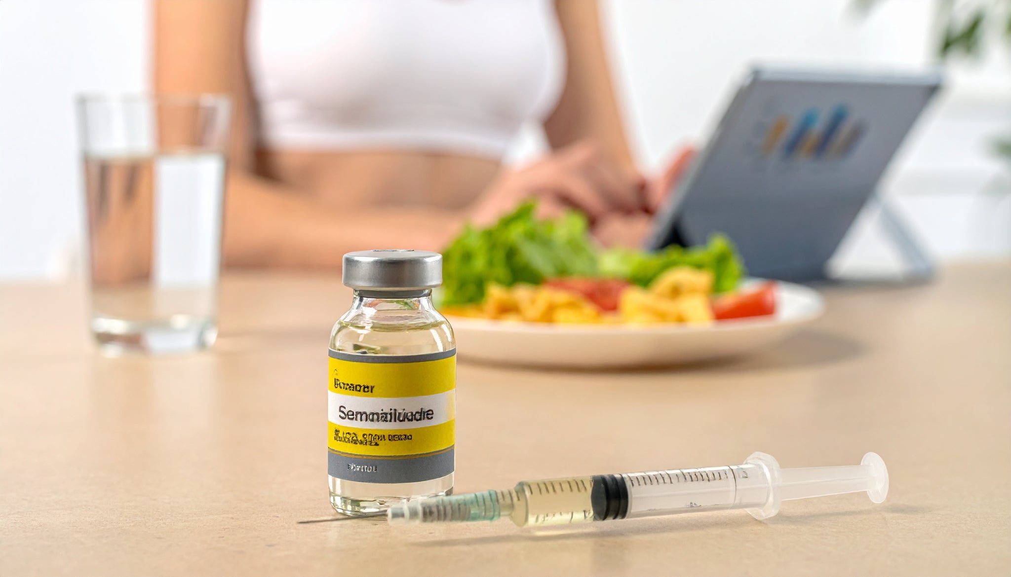 Vial labeled 'Sernasilicida' with a syringe on a table, blurred background of a person with a tablet and food.