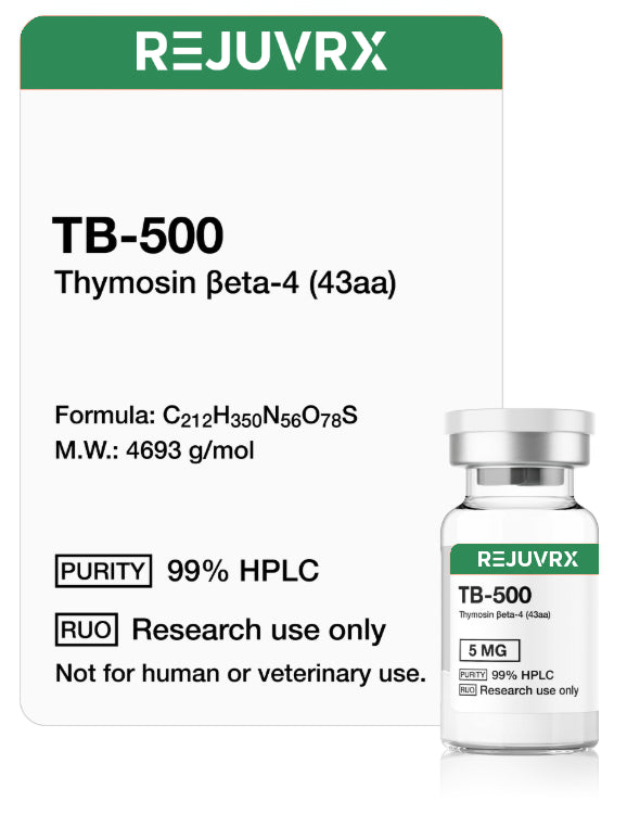 REJUVRX TB-500 Thymosin beta-4 packaging with a vial on a white background