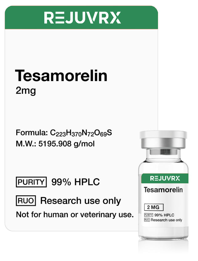 REJUVRX Tesamorelin packaging with a vial on a white background