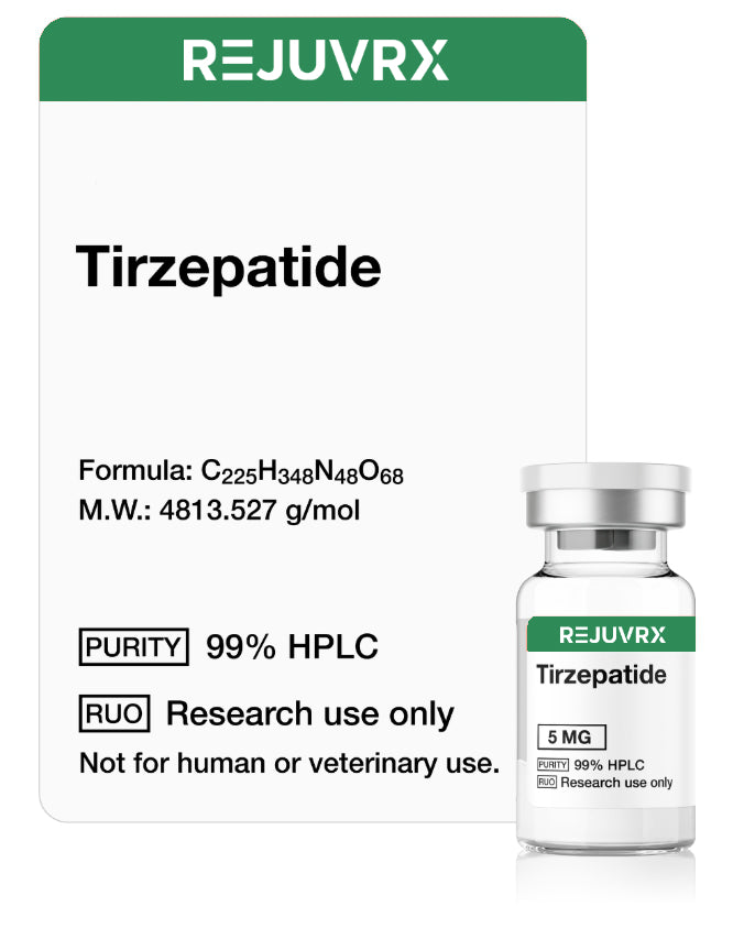 REJUVRX Tirzepatide vial with label on a white background