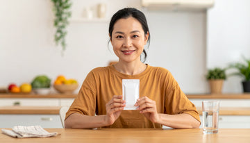 Woman holding a white paper bag in a kitchen setting