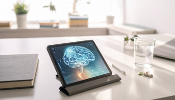 Tablet displaying a brain illustration on a desk with a book and glass of water in the background.
