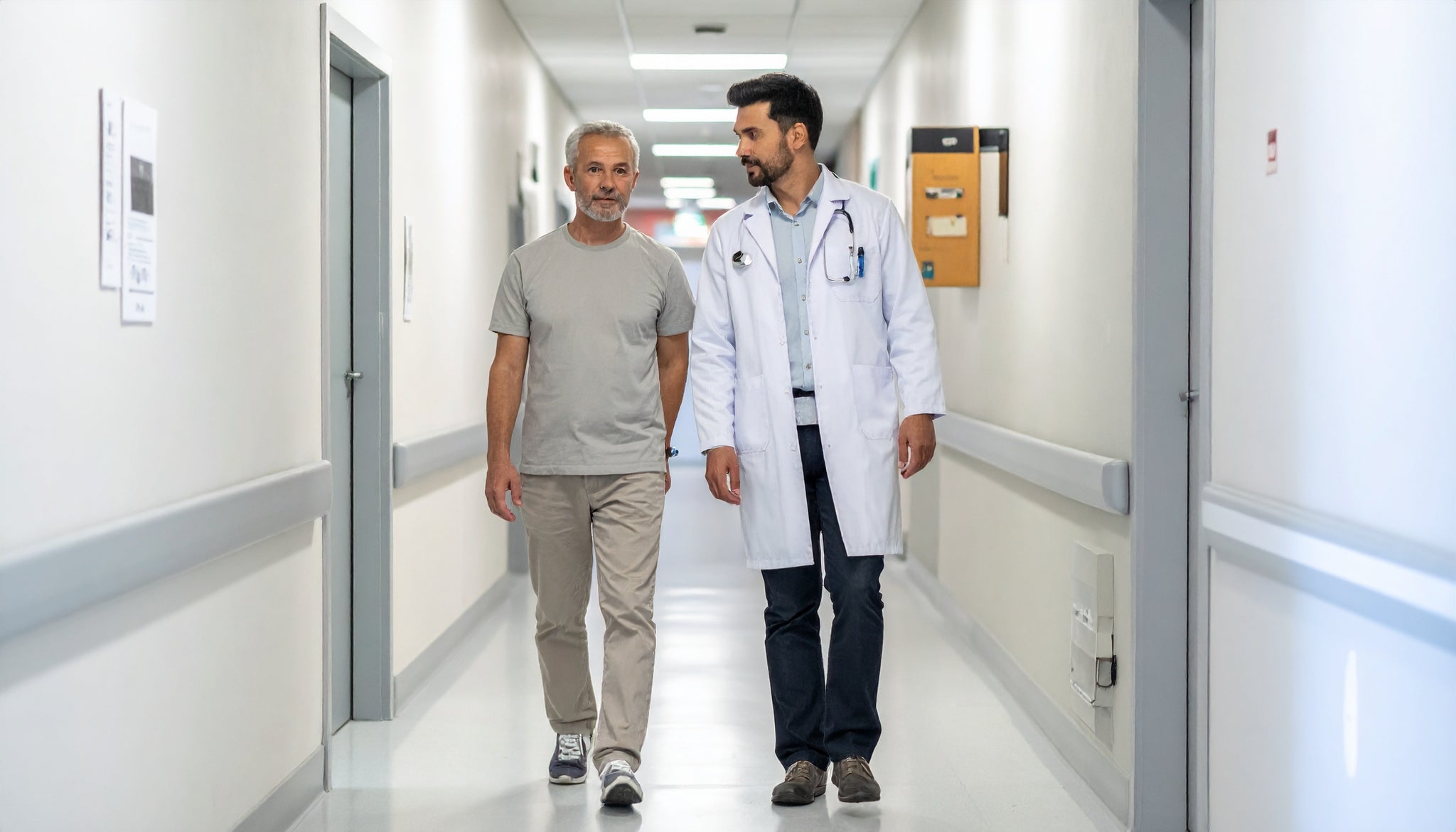 Doctor and patient walking down a hospital corridor