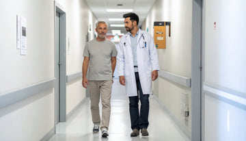 Doctor and patient walking down a hospital corridor