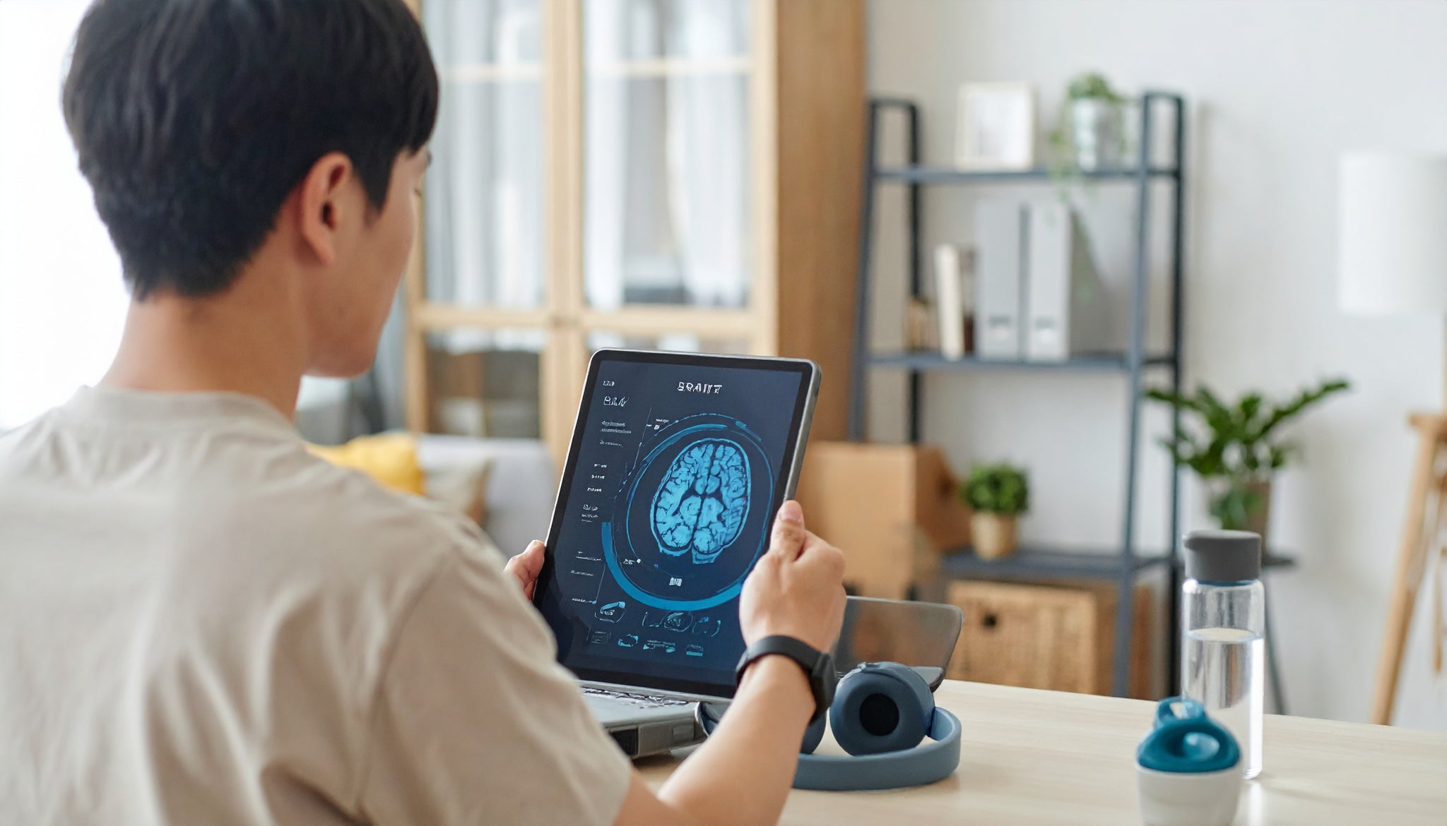 Man looking at tablet with brain scan on display