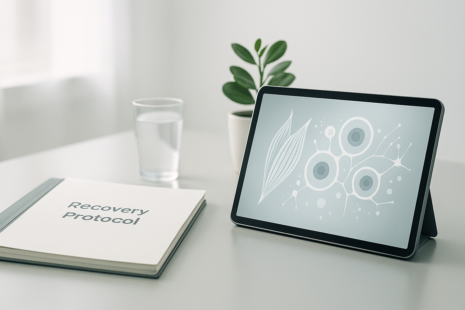 Tablet on a desk with a plant and glass of water in the background