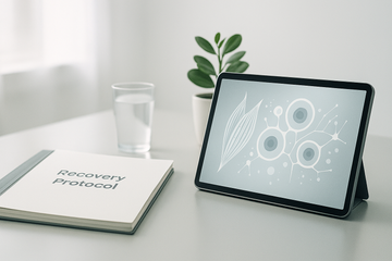 Tablet on a desk with a plant and glass of water in the background