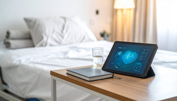Tablet on a nightstand with a smartphone and water glass in a bedroom setting